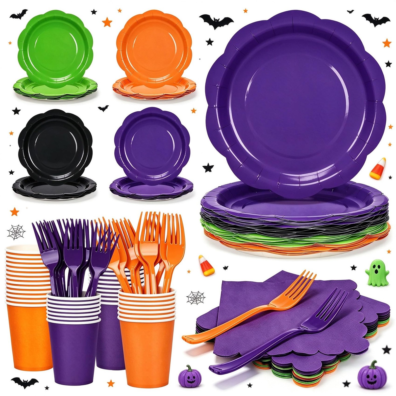 192Pcs Purple Orange Balck Plates and Napkins Party 48SET, Halloween-48Set