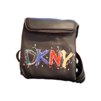 NWT~DKNY~Black Faux Leather Backpack Purse w/Adjustable Strap Colorful Letters