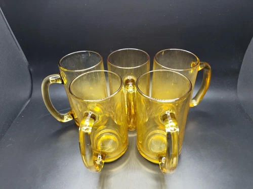 Set of 5 Vintage Hazel Atlas Amber Glasses Beer Mug Stein 5.5"H x 2.75"D