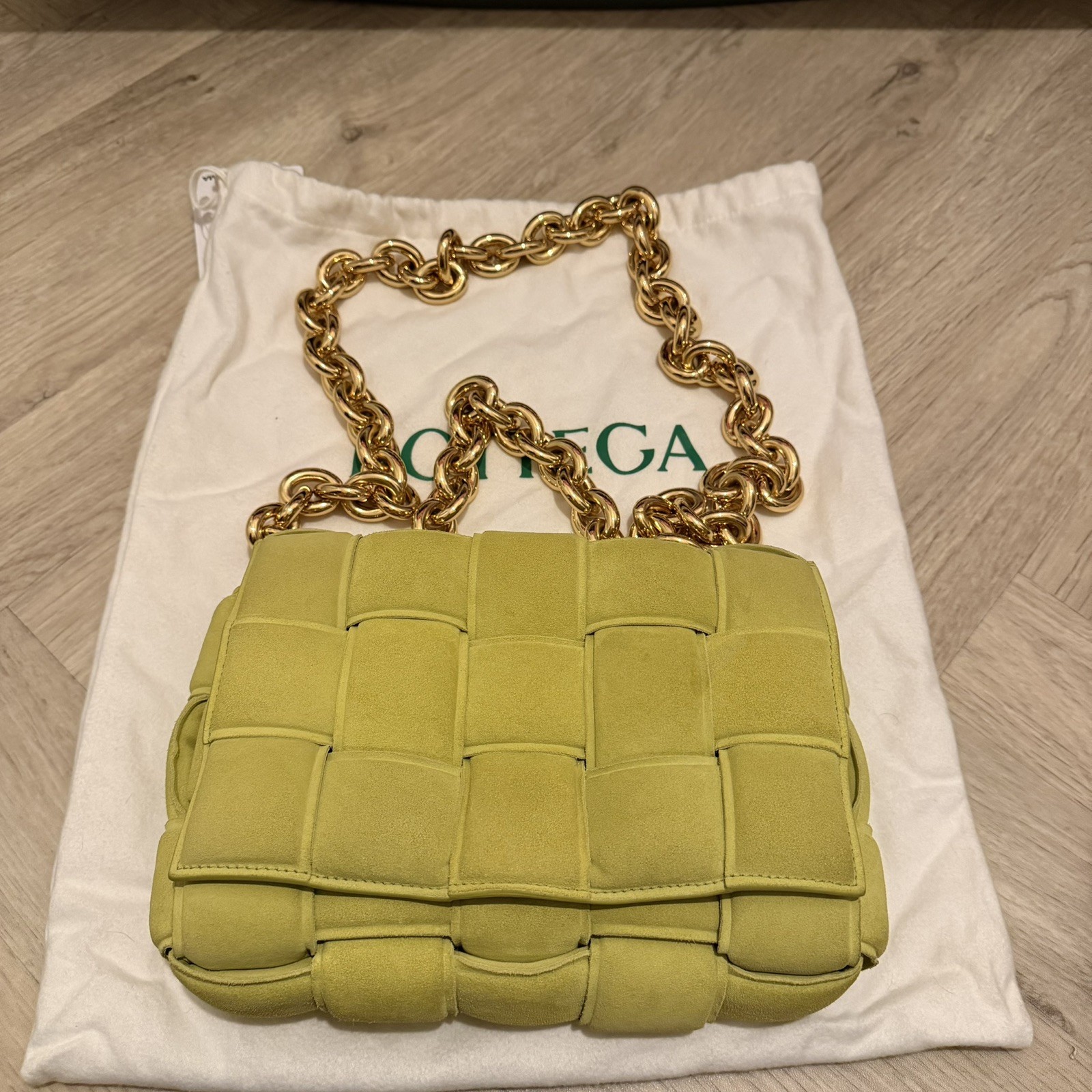 Bottega Veneta Cassette Intrecciato Green Kiwi Suede Chain Padded Leather Bag