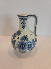 Delft Holland Antique Handled Pot Belly Pitcher Vase 4.25" Square Handle Floral