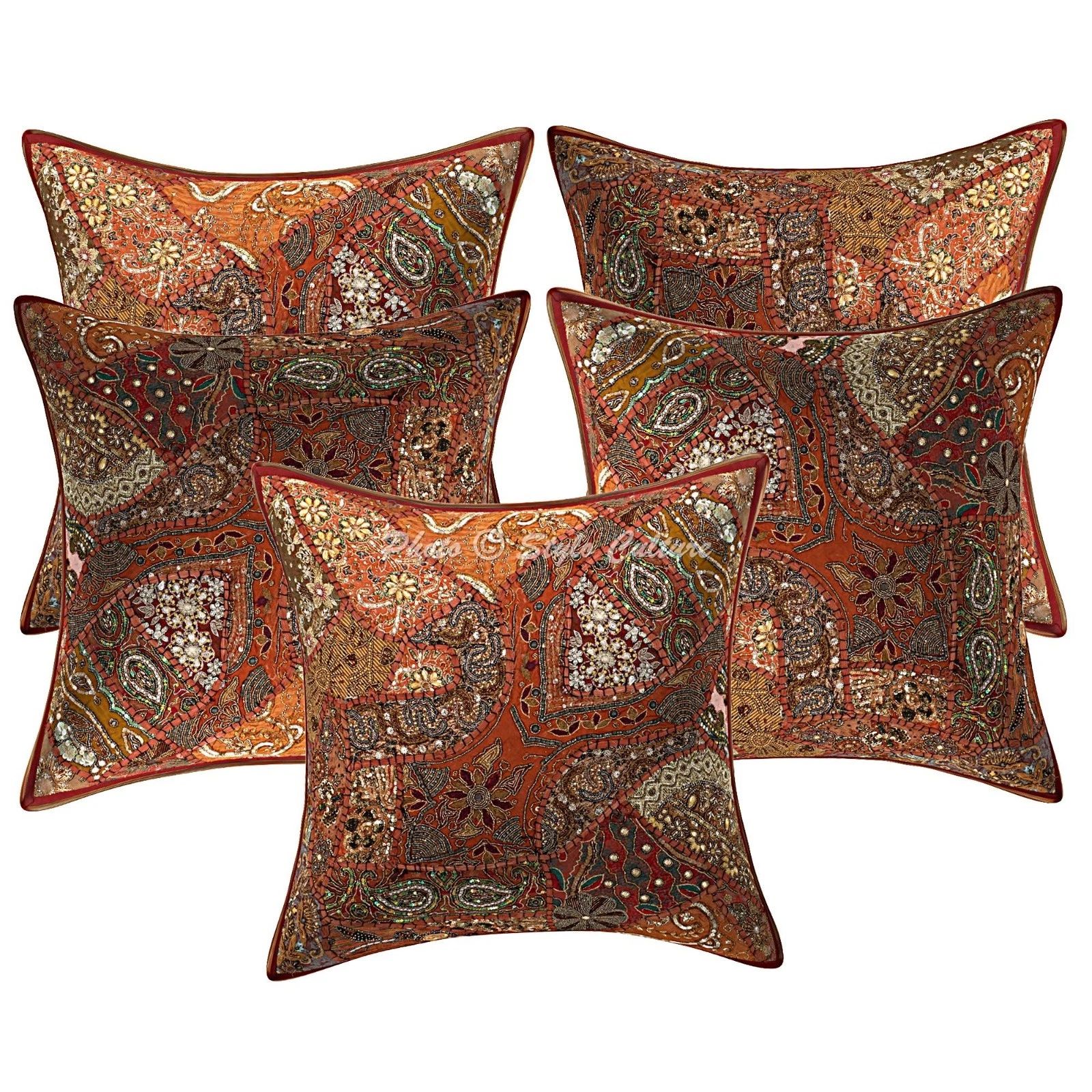 Boho Beaded Patchwork Throw Pillow Covers Cotton Floral Indian Cushion Cover