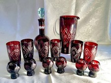 Vintage Bleikristall Set Rubinrot Karaffe 6 Gläser + Likörkaraffe und 6 Gläser