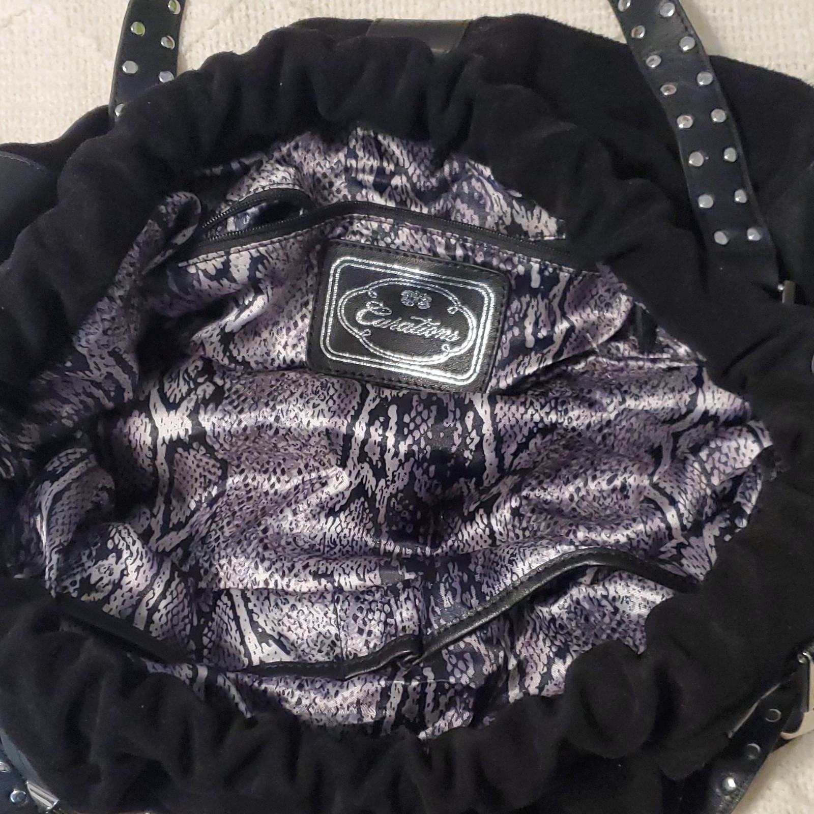 Unique Black Suede Studded Drawstring Shoulder Ba… - image 5