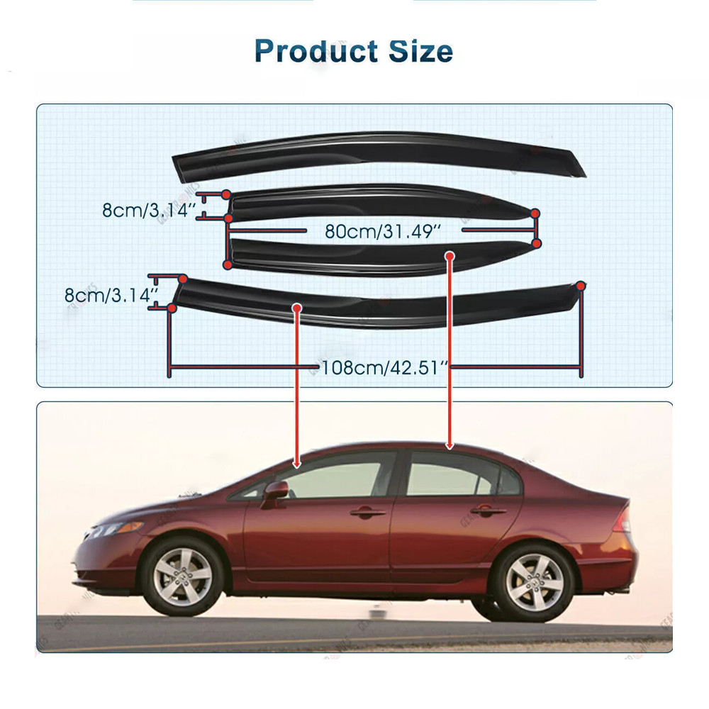 Window Vent Visor For 2006-2011 Honda Civic 4 Door Sedan Rain Guard Mugen Style