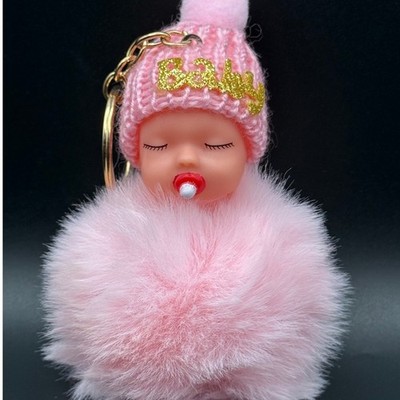 Pink Baby Doll Pom Pom Keychain Beanie Pacifier Cute Kawaii Accessory