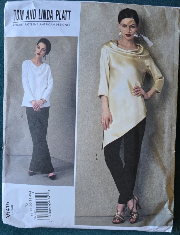 Designer Platt Cowl Neck Asymmetric Longline Top Pants Vogue 1415 Sewing Pattern - Image 2 of 4