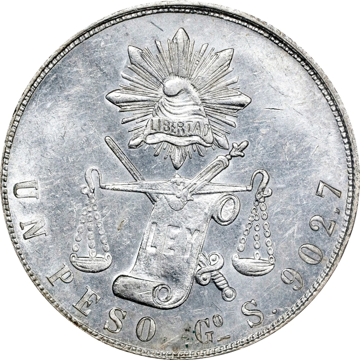 1872年 メキシコ1 ペソ 銀貨 天秤と法を意味するLEY.　希少　本物 1872年 メキシコ1 ペソ 銀貨 天秤と法を意味するLEY. 希少 本物 1872