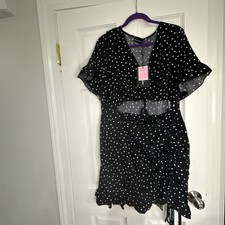 Pretty Little Thing Dress Large Black Polka Dot Ruched Detail and Cutout Design