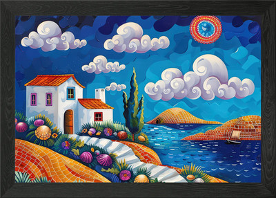 Küstenhaus Gemälde mit Wolken gerahmt Wandbild Poster Leinwanddruck Bild
