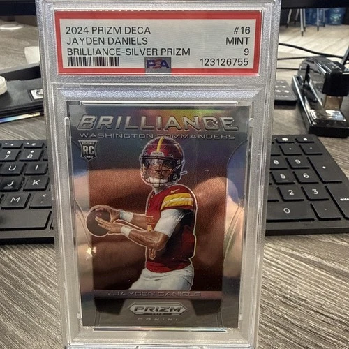 2024 Prizm Deca Football Brilliance Jayden Daniels Washington Commanders RC PSA9