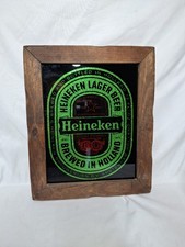 Heineken Lager Beer Sign Green Foil Art w/Wood Frame 1975 10 x 12 Vintage BEER