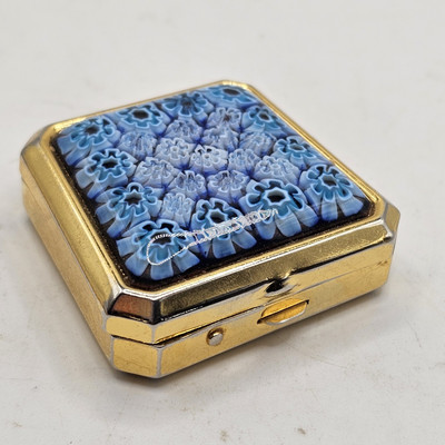Milfiore Gold Tone Trinket Pill Box Blue Floral Estate Find Miniature