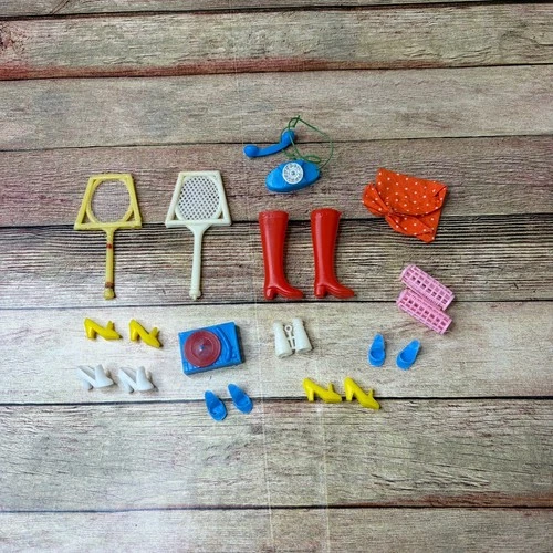 Vintage Barbie 1960s Mixed Mattel Accessories Lot Radio, Purse, Tennis Racket