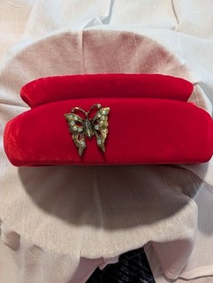 Union Made Red Velvet Pillbox Hat Rhinestone Butterfly Accent Size 6 1/2