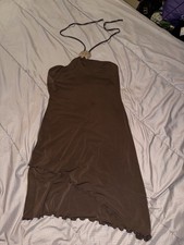 Vintage Moda International Asymmetrical Tiered Halter Brown Midi Dress Size XS