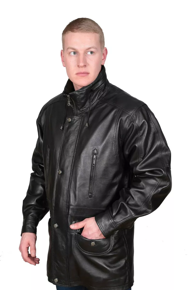 Gentlemens Real Leather Classic Parka Jacket Black Mens 3/4 Long Car Coat NEW