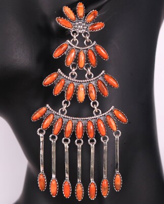 3 1/2'' ORANG SPINY OYSTER Navajo Needlepoint Silver Dangle Earrings $740