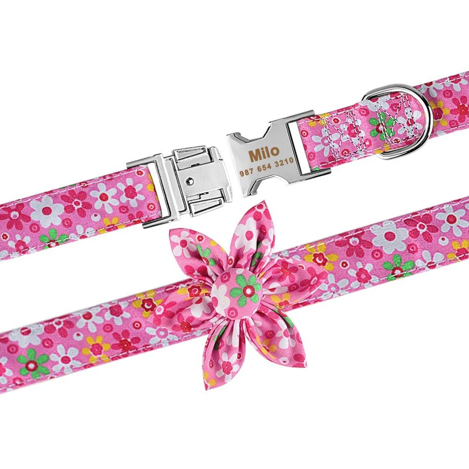 Flower Personalized Dog Collar and Leash Lead Name ID Tag Custom Small Girl - Image 3 of 4