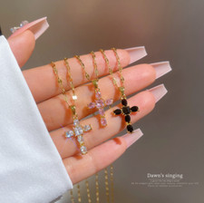 Women 18K Gold Stainless Steel Small CZ Cross Pendant Necklace Gift Box S13