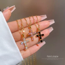 Women 18K Gold Stainless Steel Small CZ Cross Pendant Necklace Gift Box S13