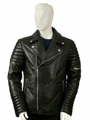 Mens Motorbike Black leather jacket Puffer bomber pure leather biker jacket  