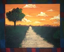 Landscape Acrylic Painting Sunset Tree And Path With Beautiful Clouds
