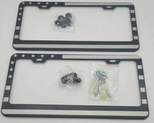 USA Flag Black & Silver Stainless Steel License Plate Frame American Flag 2 pack