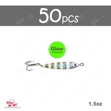 50pcs Fish WOW! 1.5oz Mega Metal Bait Jig luna Lure 3x Treble Hook Glow Silver