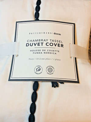 Pottery Barn Teen Chambray Tassel Twin Duvet White & Black NWT!