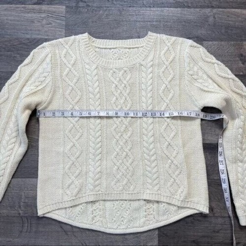 Beige Round Neck Cable Knit Sweater Featuring Elbow Patches Asymmetrical Hem - Picture 4 of 9