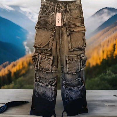 MICAS Gray Grunge Cargo Size XS Utility Relaxed Fit Trendy Denim Baggy Pants