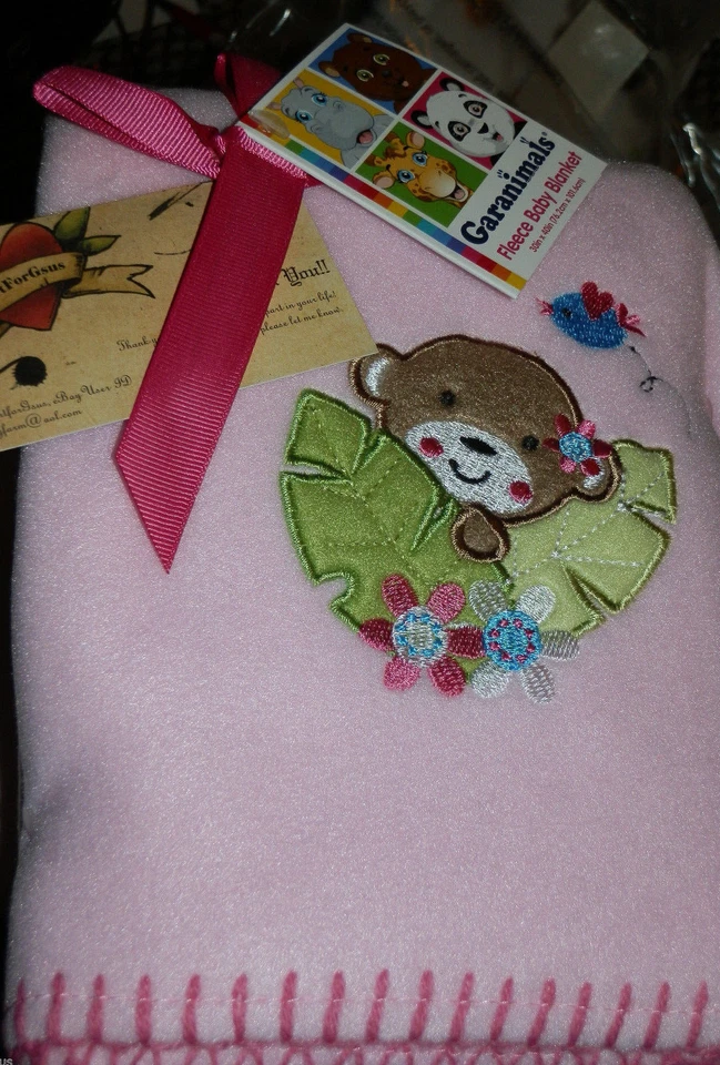 GARANIMALS BLANKET PINK JUNGLE MONKEY BIRD LEAVES FLOWERS FLEECE SOFT SWADDLE  - Image 2 of 3