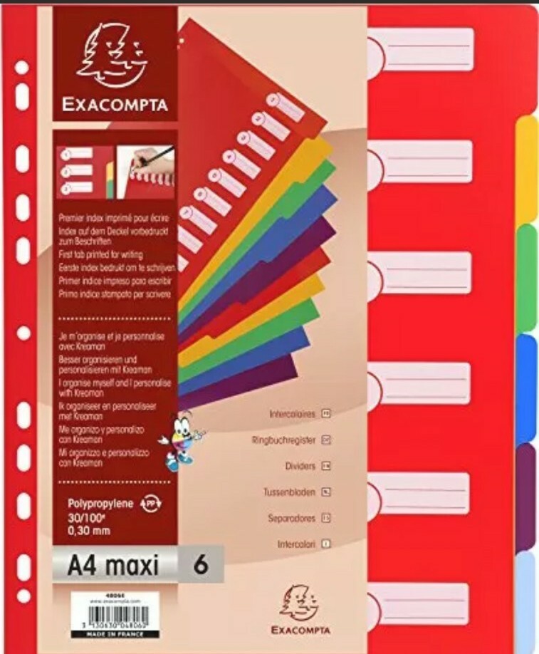 Exacompta PP Dividers, A4 Maxi, 6 part - Multi-coloured