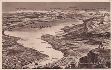 Lac Leman Lake Geneva Switzerland Map The Alps Panorama c1945 Vtg Postcard G1