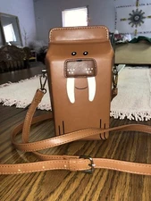 Walrus Milk Carton Purse Crossbody Leather Adjustable Strap Magnet Close Cute