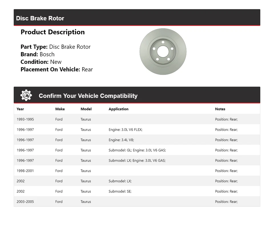 适用于 1993 - 2005 年福特 Taurus Bosch QuietCast 盘式制动转子 1994 年后 1996 年 — 第 2/4 张图片
