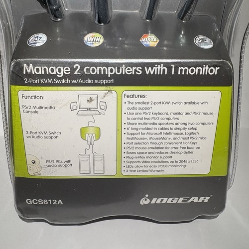IOGEAR GCS612A 2-Port PS/2 KVM Switch w/Audio Support Manager 2 Computers New - Afbeelding 6 van 8