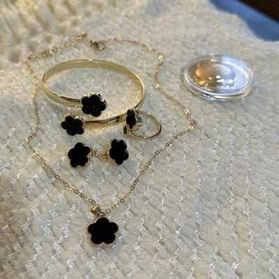 Gold Tone Cable Chain Necklace Black Clover Charm Pendant, Luck Theme