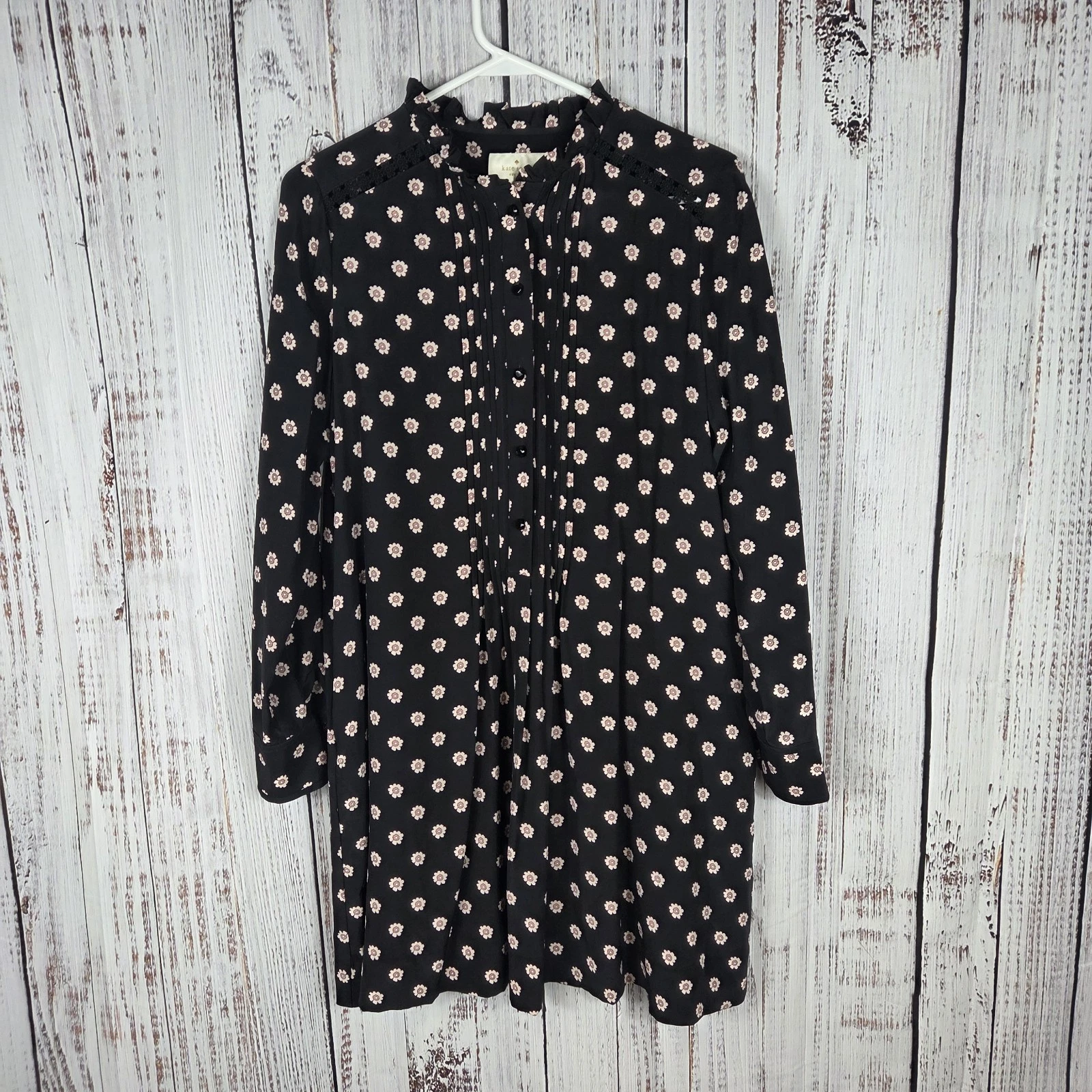 Abito camicia Kate Spade 100% seta M colletto arricciato plissettato davanti nero floreale Ditsy