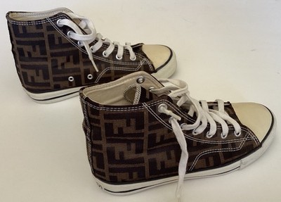 FENDI Canvas FF Micro-Perforated Rise High Top Sneakers US 7 EU 37 Tobacco Black