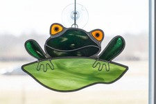 Stained Glass Frog Sun Catcher Handcrafted Green Orange Window Decor