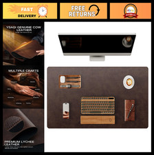 Premium Genuine Leather Desk Mat 35.4"x17" Non-Slip Office Pad with Stitched Edg