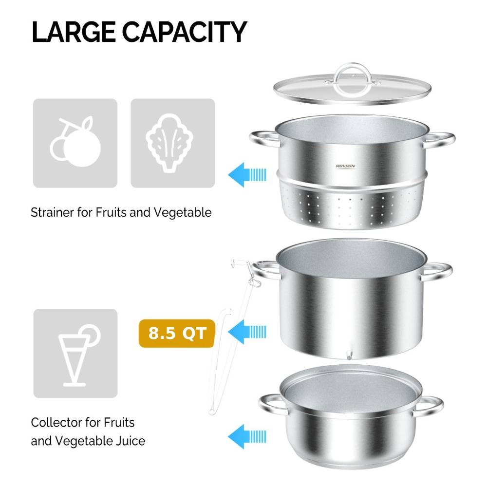 8.5 QT Steam Juicer - Food Grade Stainless Steel, Large Batch Juice, Jelly Maker