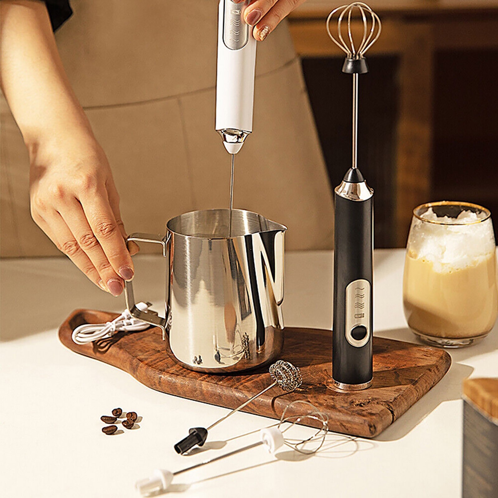 White Mini Electric Foamer Milk Frother Egg Beater Stirrer Whisk Mixer Tool qq