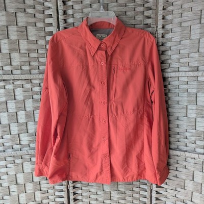 LL Bean Technical Hiking Shirt Coral Roll Tab Sleeve Womens M Performance Trail