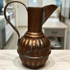 Vintage Handcrafted Copper Pitcher 5” Ribbed Body Made in Egypt Rustic Patina