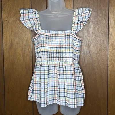 LOFT Plaid Smocked Babydoll Top Women M  Ruffle Cottagecore Boho Fairy Coquette