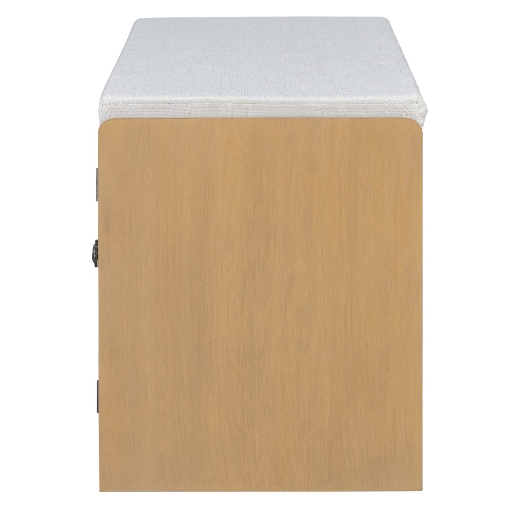 Storage Bench with Cushion Features Woven Rattan Door Panel Adjustable Shelves