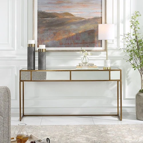 Uttermost 25286 Reflect Console Table Brushed Aged Gold and Mirrored Accents - Picture 8 of 8